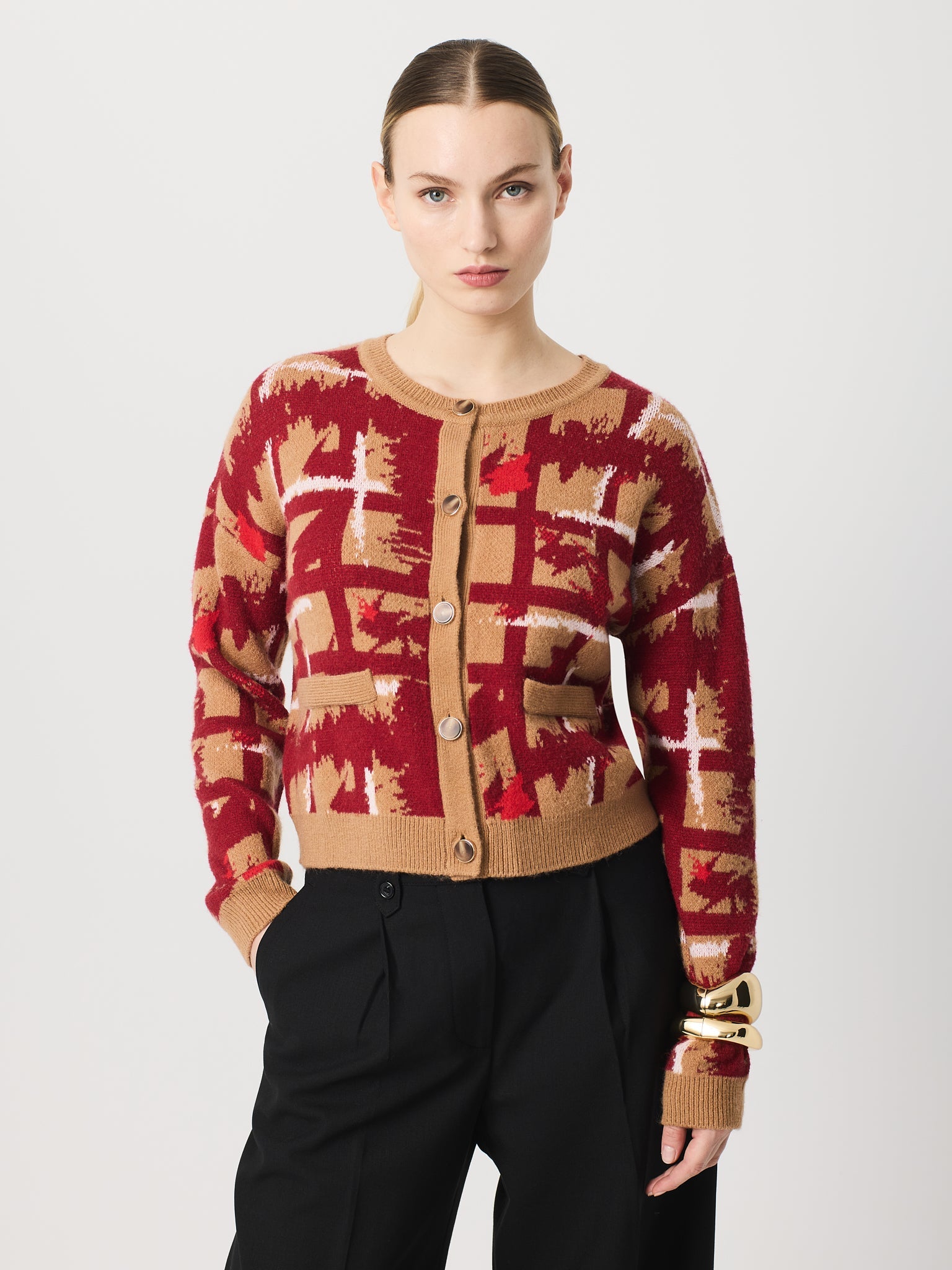 Chaqueta de jacquerd de cuadro y contraste en tapeta, cuello , bajos y puños